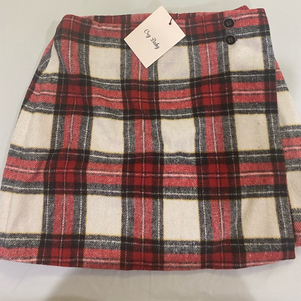 NEW- Red, black and white plaid polyester & wool blend skirt.